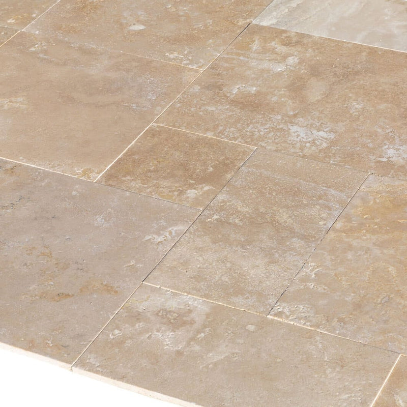 Denizli Beige Antique Pattern Travertine Tile - Full Truckload brushed and eased edge profile view