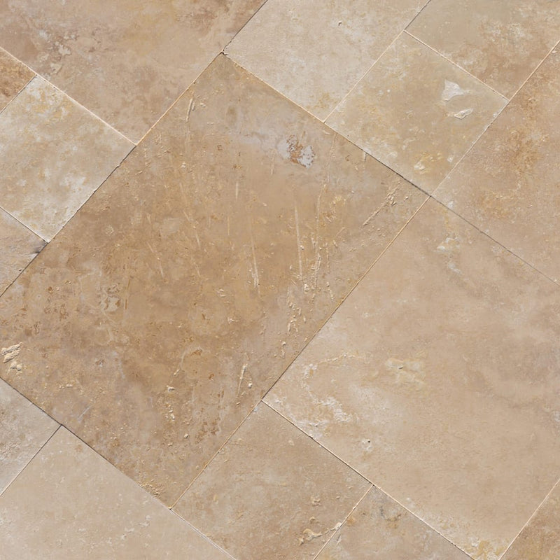 Denizli Beige Antique Pattern Travertine Tile - Full Truckload brushed eased edge angle view