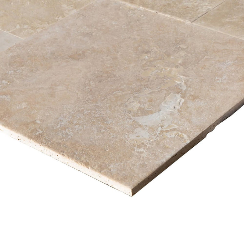 Denizli Beige Antique Pattern Travertine Tile - Full Truckload brushed eased edge profile view