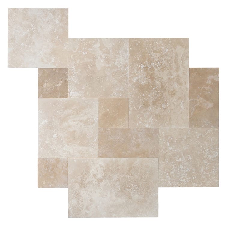 Denizli Beige Antique Pattern Travertine Tile - Full Truckload brushed and eased edge top view