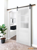 Veregio 7339 Matte White Barn Door with Frosted Glass and Black Rail