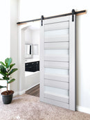 Veregio 7455 Matte White Barn Door with Frosted Glass and Black Rail