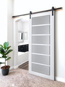 Veregio 7602 Matte White Barn Door with Frosted Glass and Black Rail