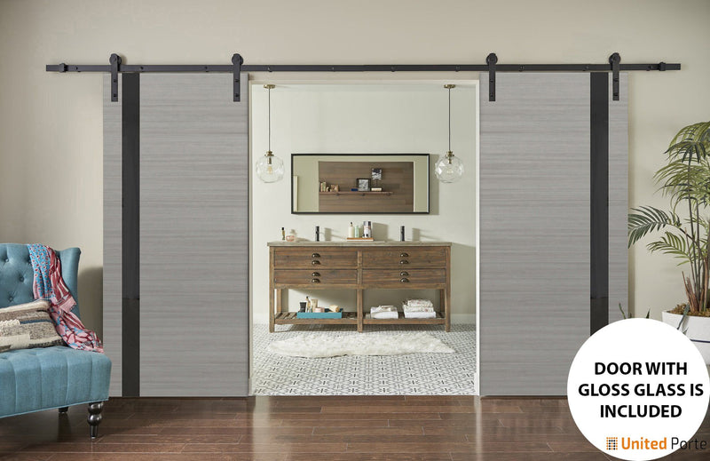 Planum 0040 Grey Ash Double Barn Door with Black Glass and Black Rail