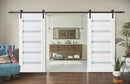 Quadro 4445 White Silk Double Barn Door with Frosted Glass and Black Rail