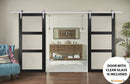 Lucia 2555 Matte Black Double Barn Door with Clear Glass 3 Lites | Silver Finish Rail