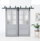 Veregio 7339 Matte Grey Double Barn Door with Frosted Glass and Black Bypass Rail