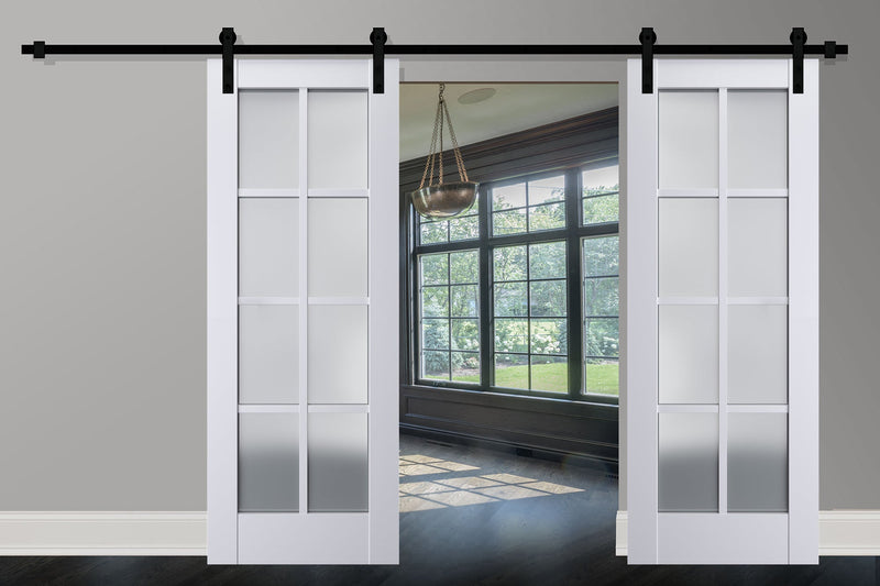 Veregio 7412 Matte White Double Barn Door with Frosted Glass and Black Rail