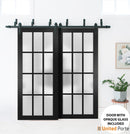 Felicia 3312 Matte Black Double Barn Door with Frosted Glass and Black Bypass Rail