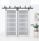Veregio 7602 Matte White Double Barn Door with Frosted Glass and Black Bypass Rail