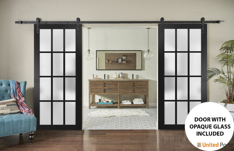 Felicia 3312 Matte Black Double Barn Door with Frosted Glass and Black Rail