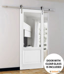 Lucia 1533 White Silk Barn Door with Clear Glass and Silver Finish Rail