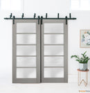 Quadro 4002 Grey Ash Double Barn Door with Frosted Glass | Black Bypass Rails
