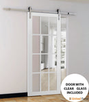 Felicia 3355 Matte White Barn Door with Clear Glass 12 lites and Silver Finish Rail
