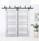 Veregio 7455 Matte White Double Barn Door with Frosted Glass and Black Bypass Rail