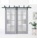 Veregio 7412 Matte Grey Double Barn Door with Frosted Glass and Black Bypass Rail