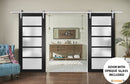 Quadro 4002 Matte Black Double Barn Door with Frosted Glass | Silver Finish Rail