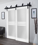 Mela 7222 White Silk Barn Doors with 4 Lites Frosted Glass | Black Bypass Rail