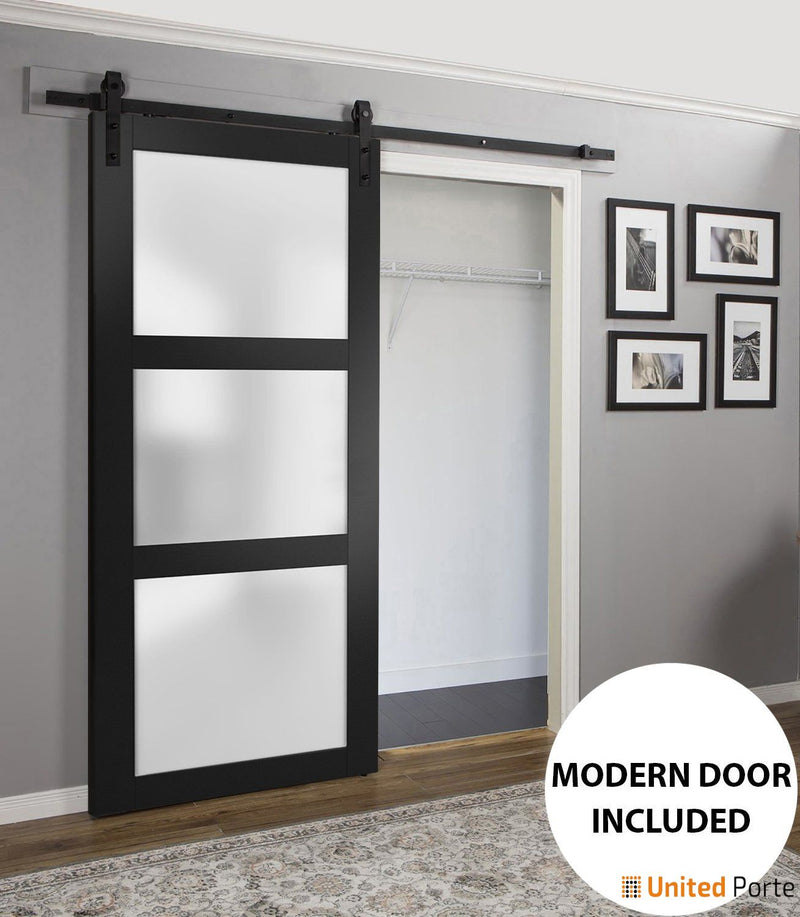 Lucia 2552 Matte Black Barn Door with Frosted Glass and Black Rail