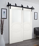 Mela 7012 Mattte White | Barn Doors with Frosted Glass | Black Bypass Rail