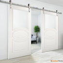 Mela 7012 Matte White Double Barn Door with Frosted Glass | Silver Finish Rail
