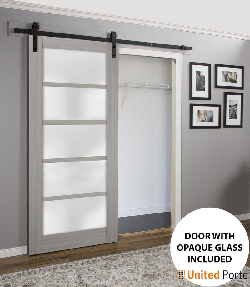 Quadro 4002 Grey Ash Barn Door with Frosted Glass and Black Rail