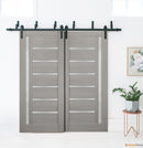Quadro 4088 Grey Ash Double Barn Door with Frosted Glass | Black Bypass Rails