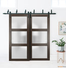 Lucia 2552 Chocolate Ash Double Barn Door with Frosted Glass | Black Bypass Rails