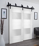 Sete 6222 White Silk Barn Doors with 2 Lites Frosted Glass | Black Bypass Rails