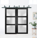 Lucia 2552 Matte Black Double Barn Door with Frosted Glass | Black Bypass Rails