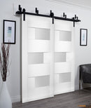 Sete 6933 White Silk Barn Doors with Frosted Glass | Black Bypass Rail