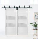 Lucia 4010 Matte White Double Barn Door with 2 Lites Frosted Glass | Black Bypass Rails