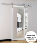 Lucia 2166 White Silk Barn Door with Clear Glass and Silver Finish Rail