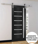 Quadro 4088 Matte Black Barn Door with Frosted Glass and Silver Finish Rail