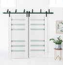 Quadro 4266 White Silk Double Barn Door with Frosted Glass and Black Bypass Rail