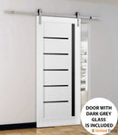 Quadro 4588 White Silk Barn Door with Black Glass and Silver Finish Rail