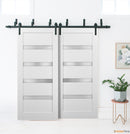 Quadro 4113 White Silk Double Barn Door with Frosted Glass | Black Bypass Rails