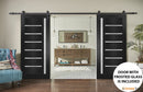 Quadro 4088 Matte Black Double Barn Door with Frosted Glass | Black Rail
