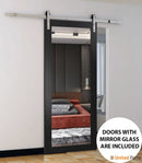 Lucia 1299 Matte Black Barn Door with Mirror Glass and Silver Finish Rail