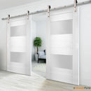 Sete 6222 White Silk Double Barn Door with 2 Lites Frosted Glass | Silver Finish Rail