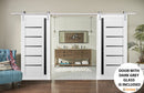 Quadro 4588 Matte White Double Barn Door with Black Glass | Silver Finish Rail