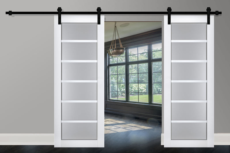 Veregio 7602 Matte White Double Barn Door with Frosted Glass and Black Rail