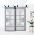 Veregio 7602 Matte Grey Double Barn Door with Frosted Glass and Black Bypass Rail