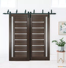 Quadro 4088 Chocolate Ash Double Barn Door with Frosted Glass | Black Bypass Rails
