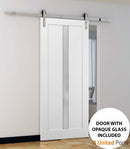 Quadro 4112 White Silk Barn Door with Frosted Glass and Silver Finish Rail