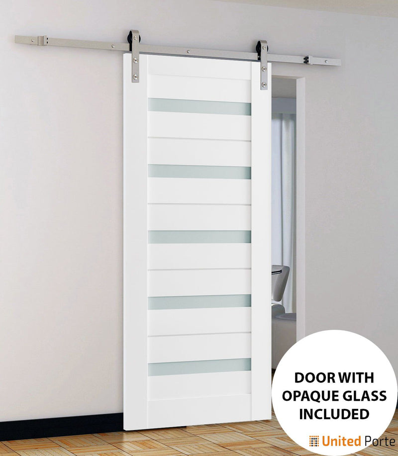 Quadro 4445 White Silk Barn Door with Frosted Glass and Silver Rail