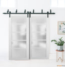 Quadro 4002 Matte White Double Barn Door with Frosted Glass | Black Bypass Rails