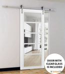 Quadro 4522 Matte White Barn Door with Clear Glass and Silver Finish Rail