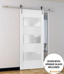 Lucia 4070 White Silk Barn Door with 3 Lites Frosted Glass and Silver Finish Rail