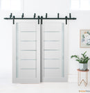 Quadro 4088 Matte White Double Barn Door with Frosted Glass | Black Bypass Rails